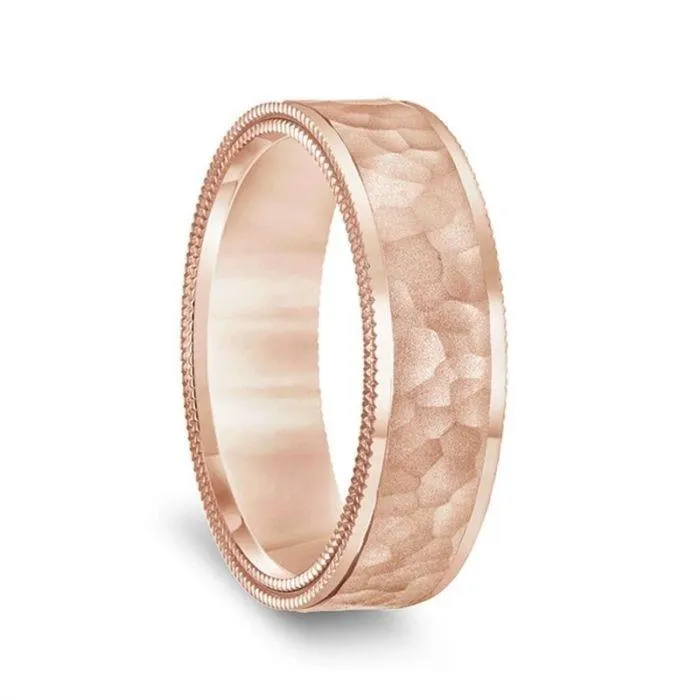 14k Rose Gold Hammered Finish Men’s Wedding Ring with Double Milgrain Polished Edges - 6.5mm