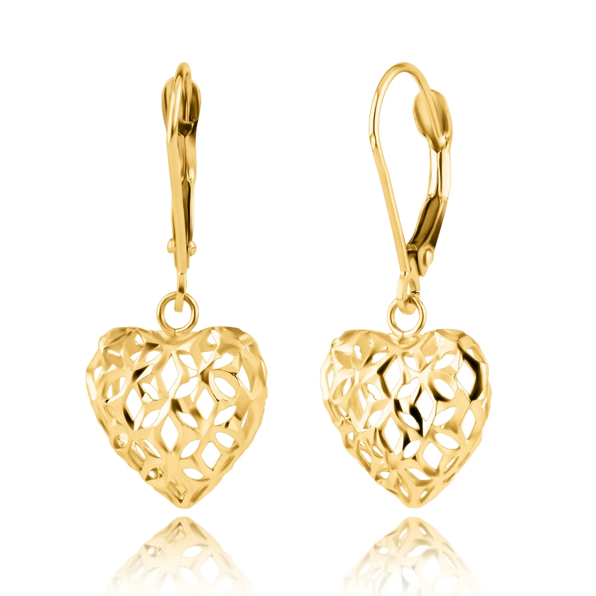 14K Yellow Gold Filigree Heart Shape Dangle Earrings