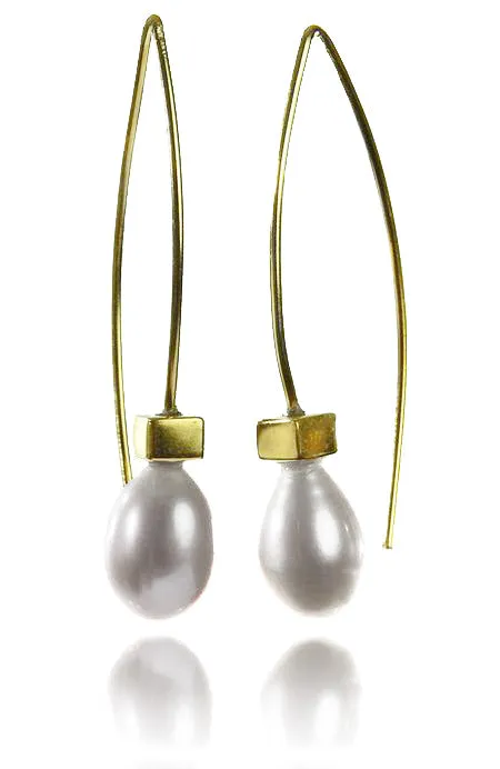 18K Gold Plated Euro Pin Drop Pearl Earrings White Pearl