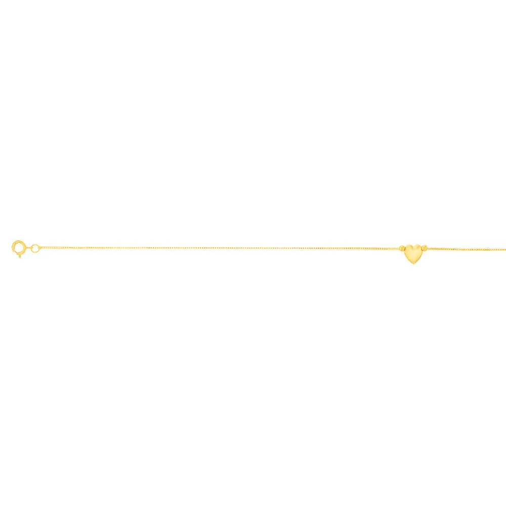 9ct Yellow Gold Heart Charm Box Chain Anklet of 24cm