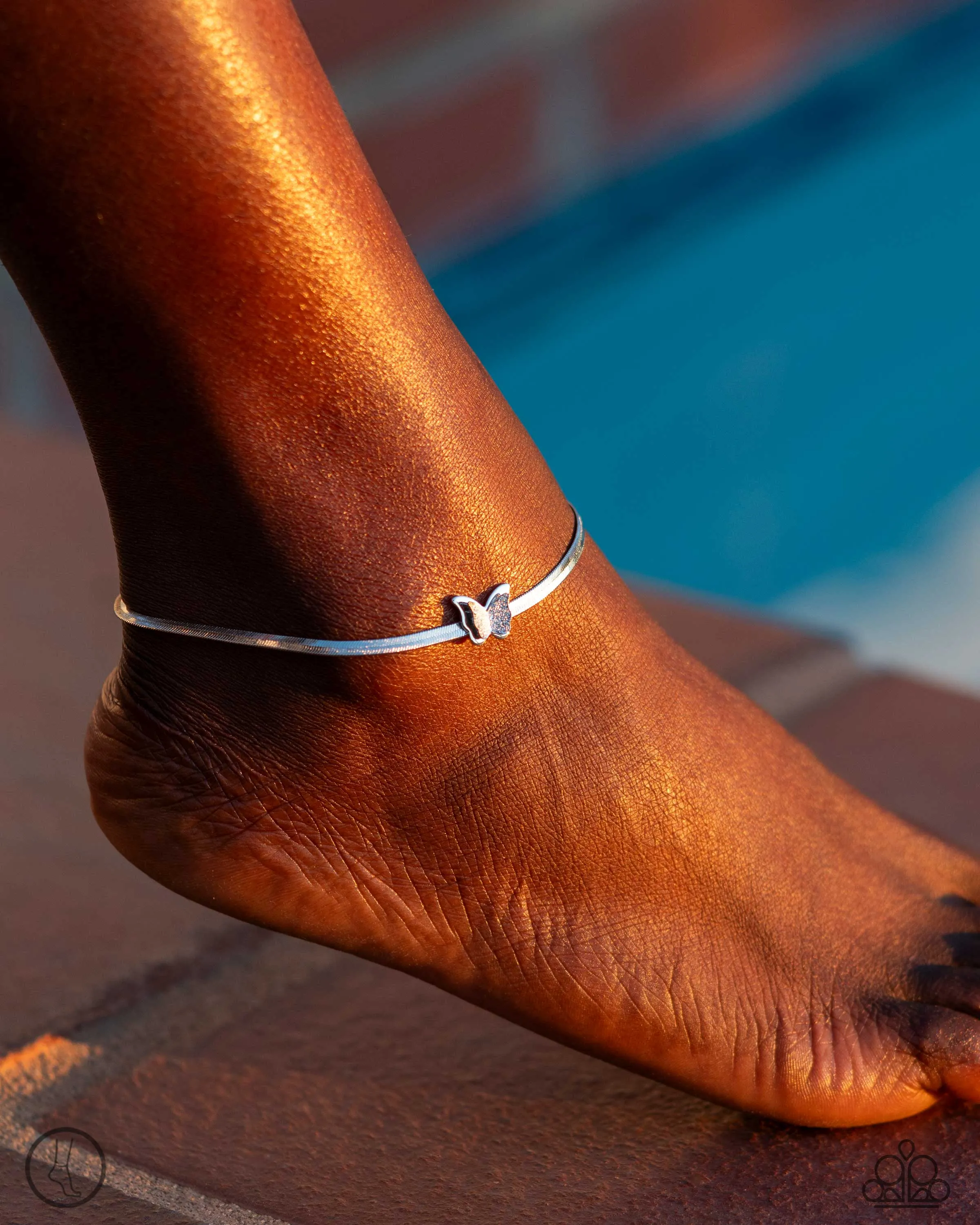 A FLIGHT-ing Chance - Silver - Herringbone Chain Butterfly Paparazzi Anklet - 2024 Empower Me Pink Exclusive