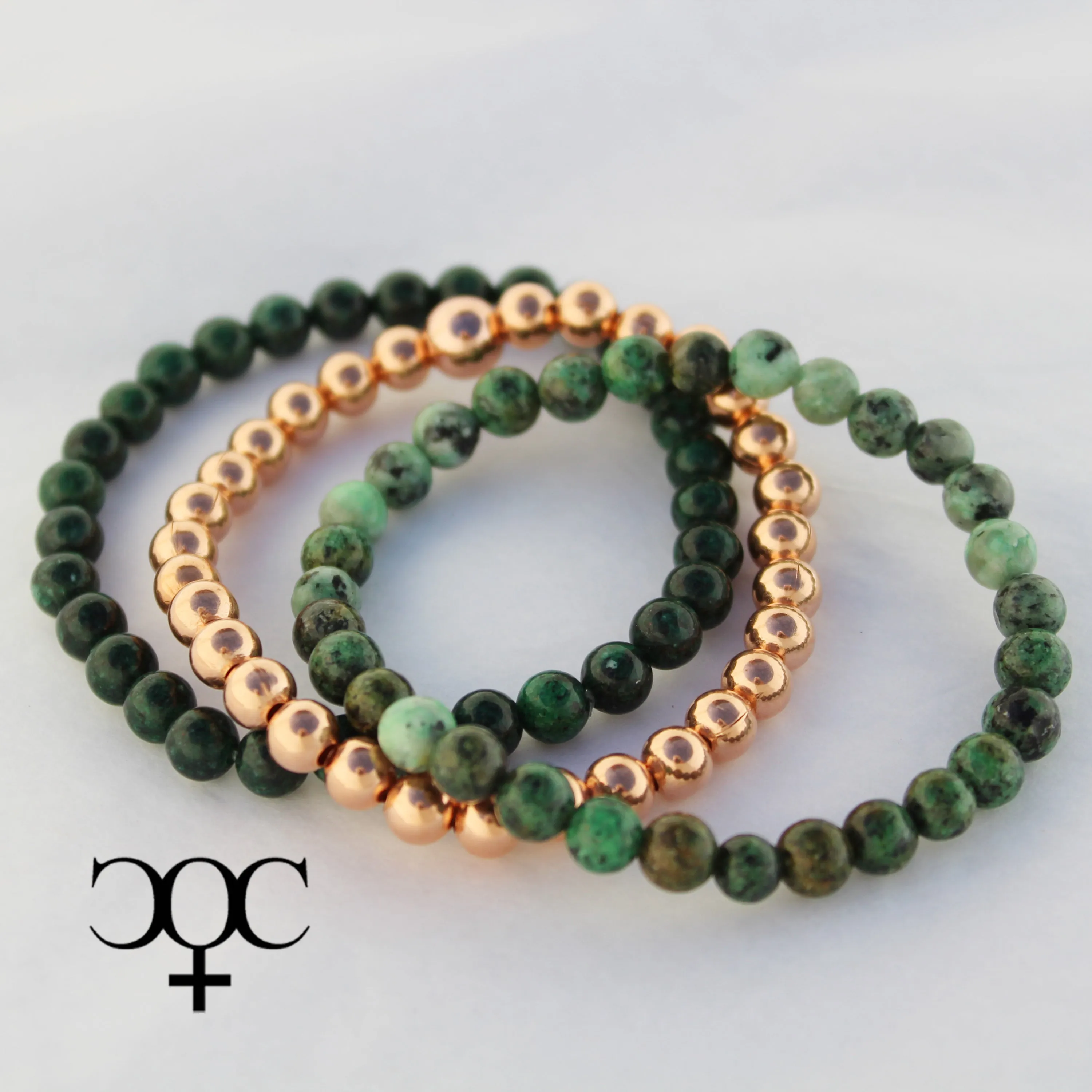 African Green Jasper Copper Bracelet Set Round Beaded Gemstone Elastic Copper Bracelets 3 Piece Set