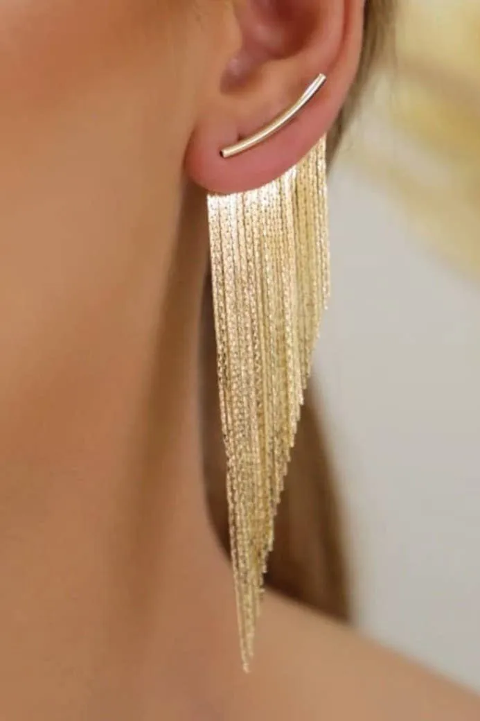 Camryn Tassel Long Fringe Gold Earrings