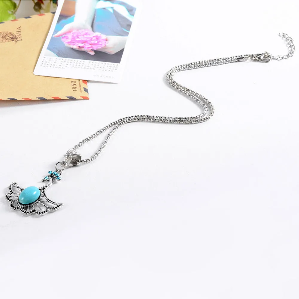 Christmas Antique Hollow Tibetan Silver Butterfly Crystal Turquoise Pendant Chain Necklace Clothes for Women