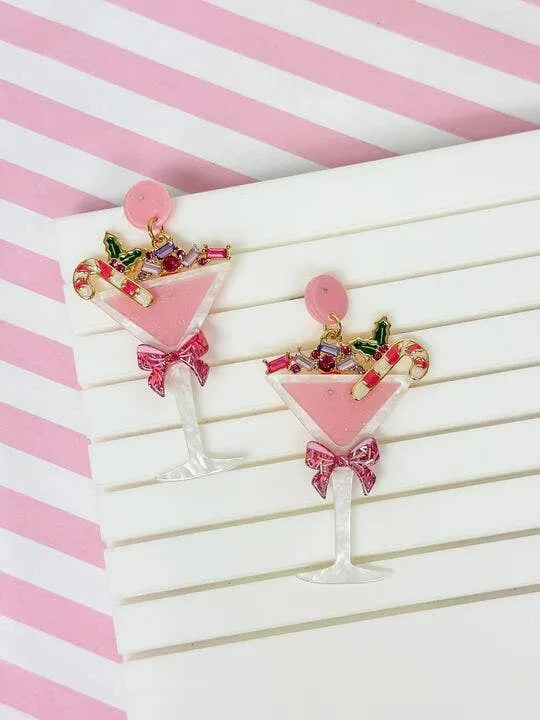 Christmas Martini Dangle Earrings - Pink