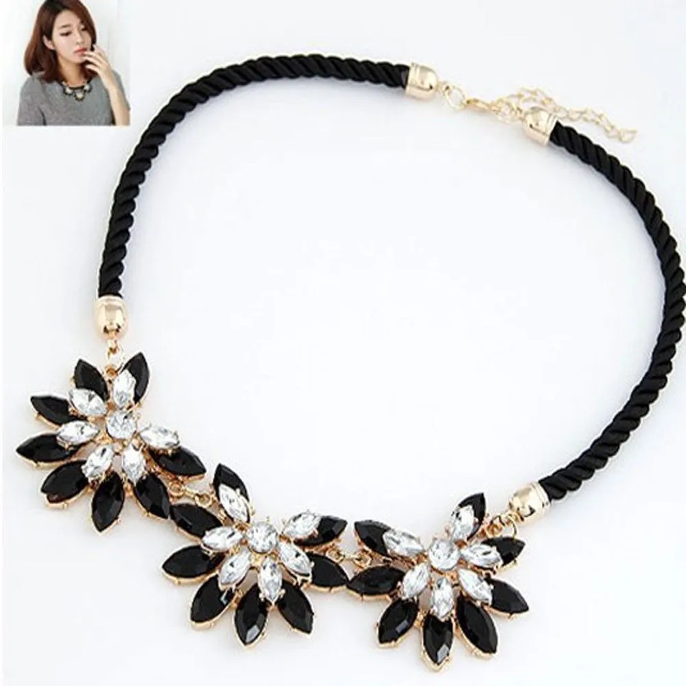 Collares Women Flower Necklace Pendant Multi-layer Black Weave Rope Chain Rhinestone Water Drop Choker Statement Necklace