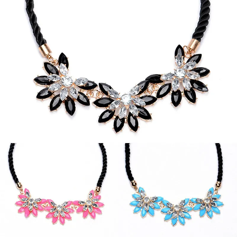 Collares Women Flower Necklace Pendant Multi-layer Black Weave Rope Chain Rhinestone Water Drop Choker Statement Necklace