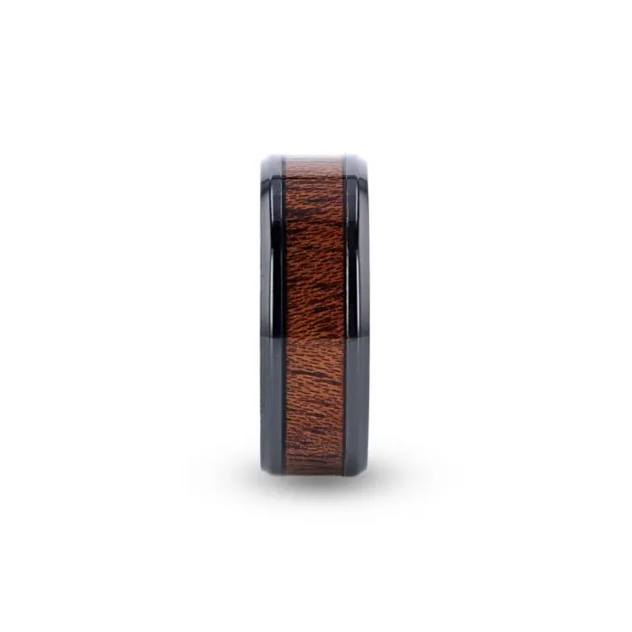 DOMINICA | Black Titanium Ring, Hardwood Inlay, Beveled