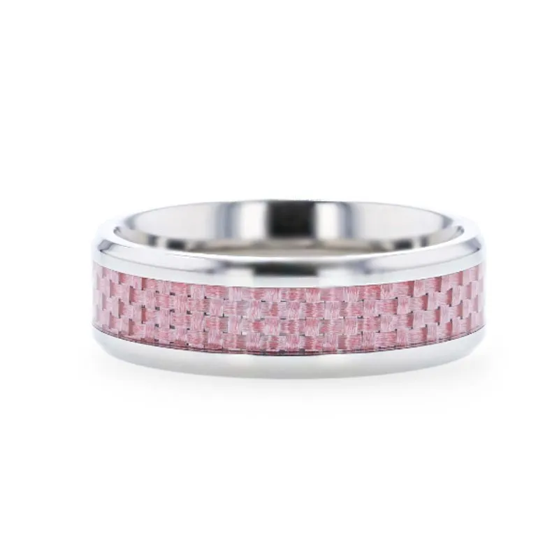 DOMINIQUE | Silver Titanium Ring, Pink Carbon Fiber Inlay, Beveled