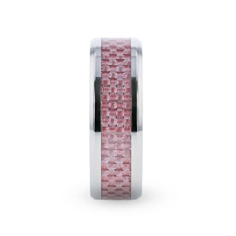 DOMINIQUE | Silver Titanium Ring, Pink Carbon Fiber Inlay, Beveled