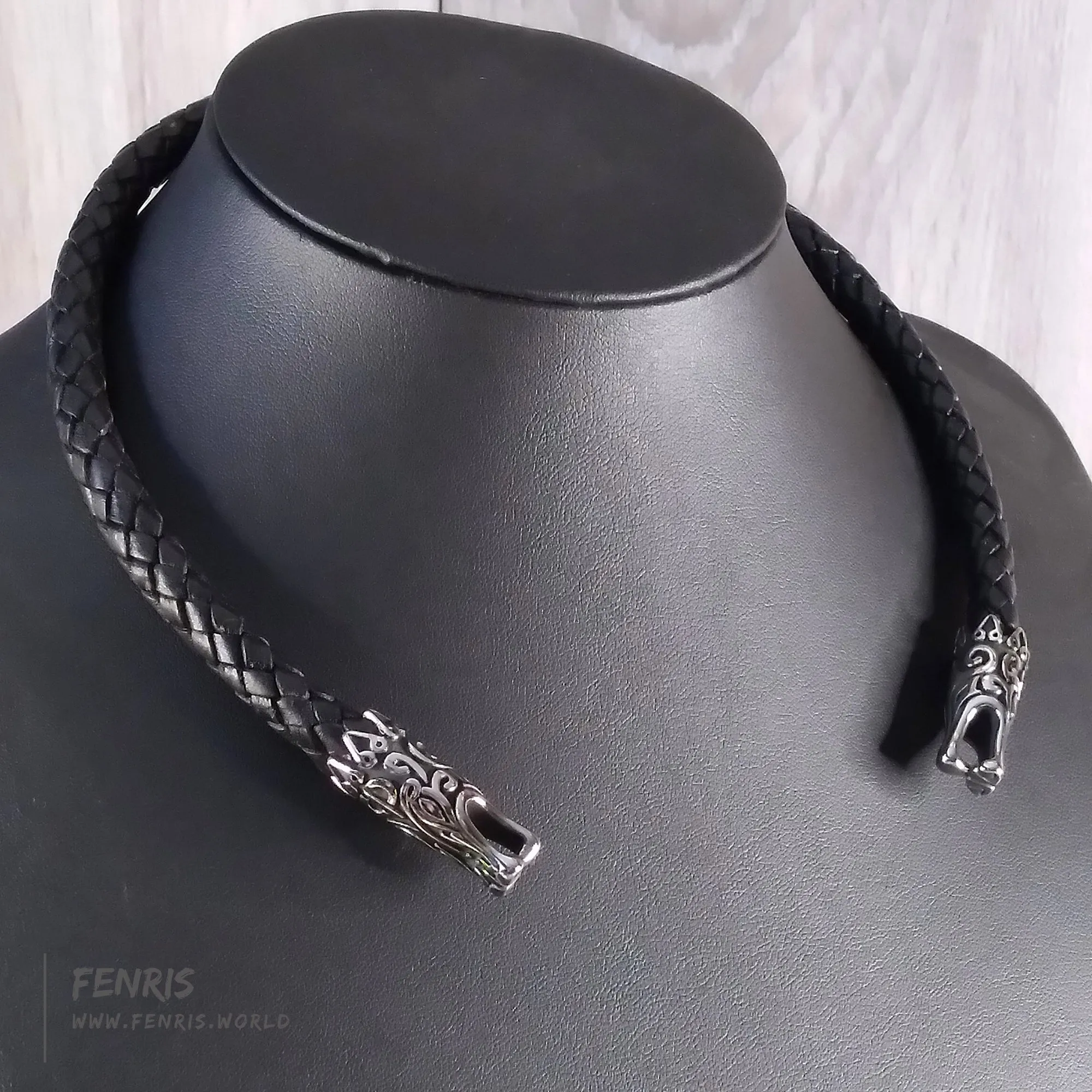 Dragon Torc Necklace Silver Black Leather Modern Viking Nordic