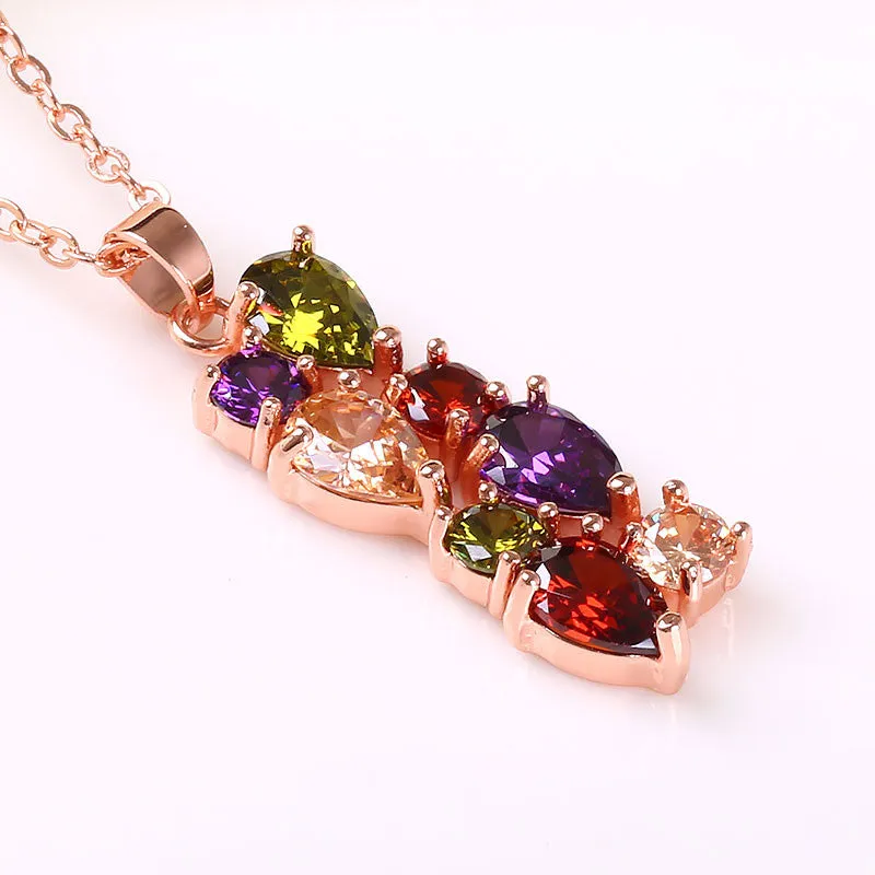 Fashion Colorful Zircon Necklace for Women Wedding Flower Pendant Necklace Rose Gold Plated Bridal Jewelry