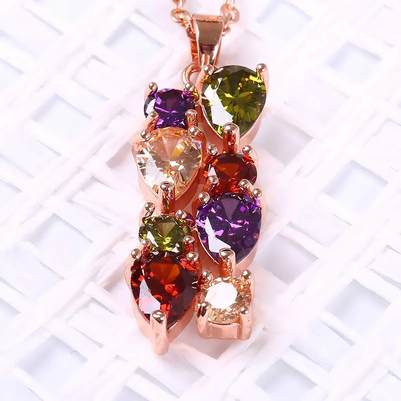 Fashion Colorful Zircon Necklace for Women Wedding Flower Pendant Necklace Rose Gold Plated Bridal Jewelry