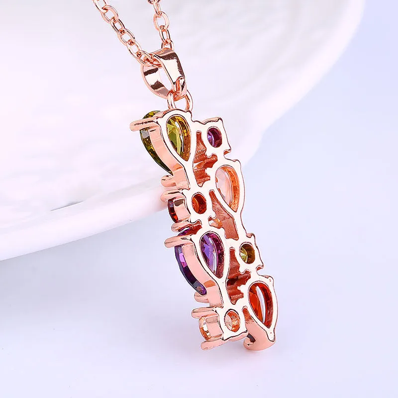 Fashion Colorful Zircon Necklace for Women Wedding Flower Pendant Necklace Rose Gold Plated Bridal Jewelry