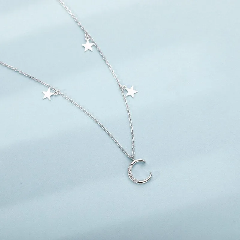 Fashion Jewelry Moon and Star Pendant Necklace for Women in 925 Sterling Silver