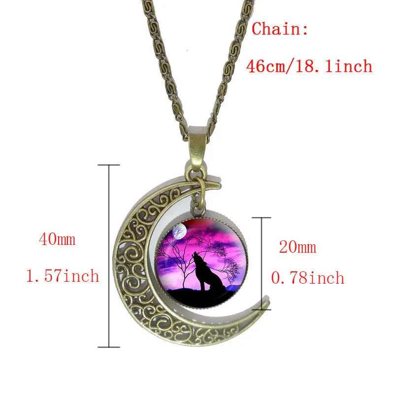 Fashion Wolf Glass Cabochon Pendant Necklace Vintage Bronze Hollow Half Moon Charm Chain Necklace For Women Fine Jewelry