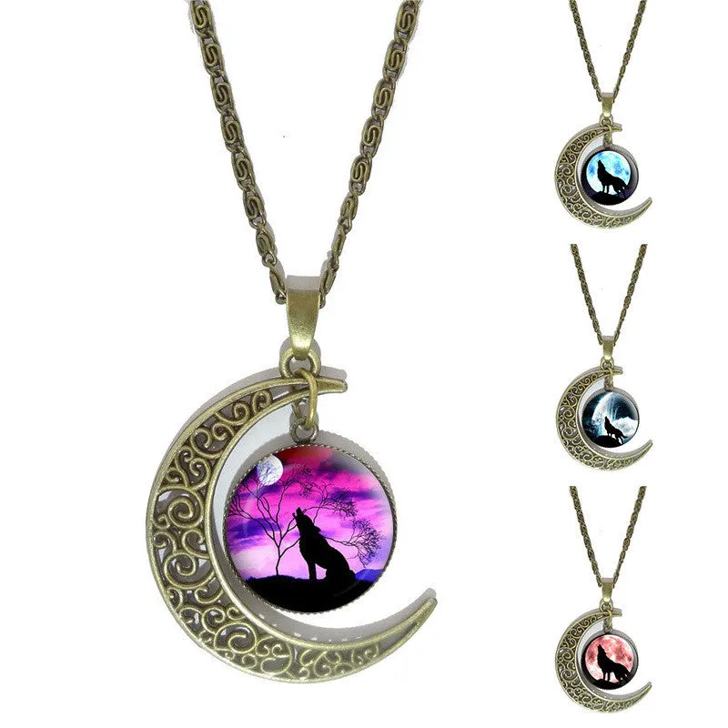 Fashion Wolf Glass Cabochon Pendant Necklace Vintage Bronze Hollow Half Moon Charm Chain Necklace For Women Fine Jewelry