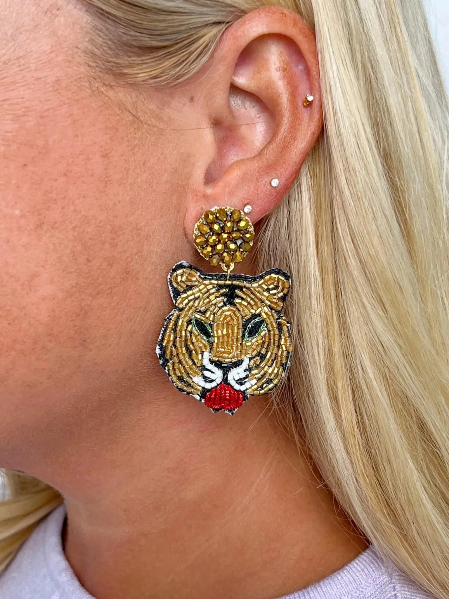 Gold Beaded Tiger Earrings