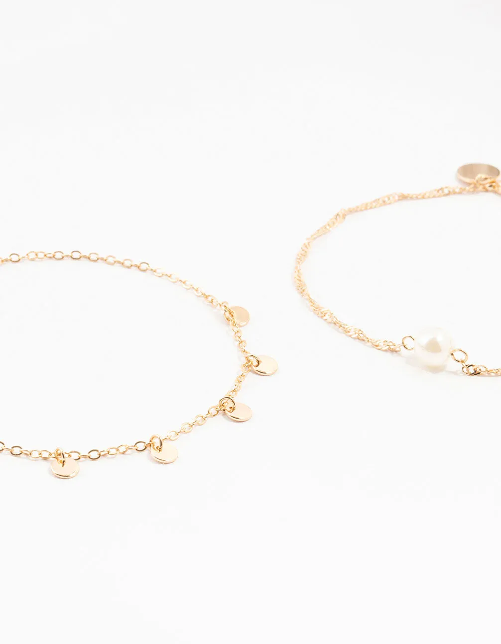 Gold Pearl Disc Pendant Anklets 2-Pack