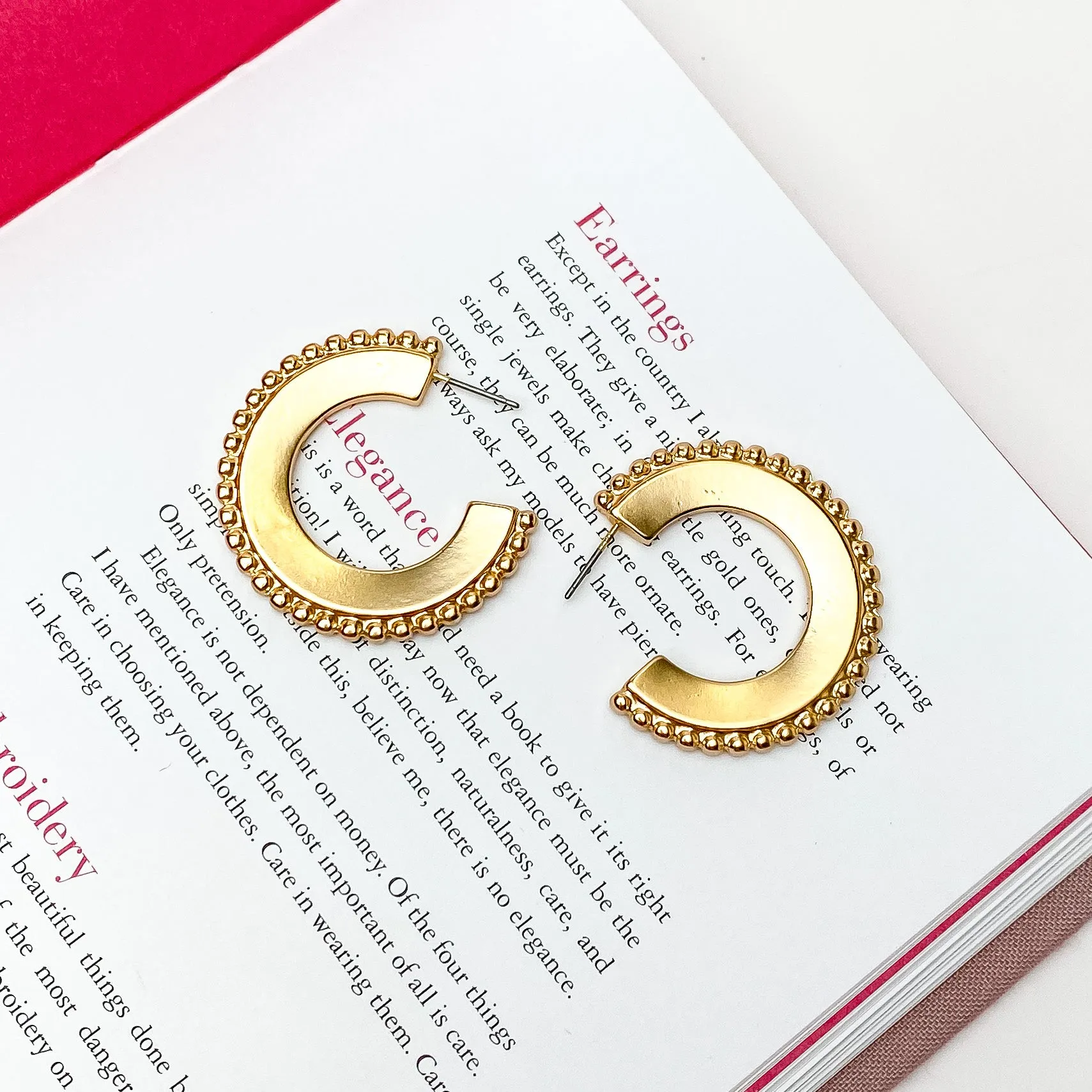 Gold Tone Hoop Earrings with a Beaded Edge