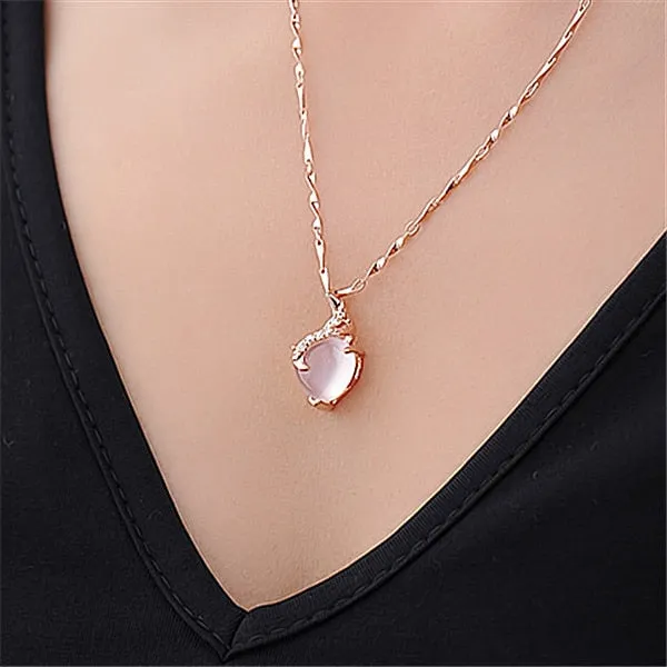 Heart Shape Opal Necklaces & Pendants Rose Gold Color Chain White Crystal Necklace For Women