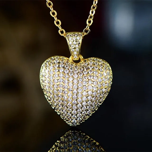 Hip Hop Jewelry Micro Pave Heart Pendant Necklace for Women with Zircon in Gold Color