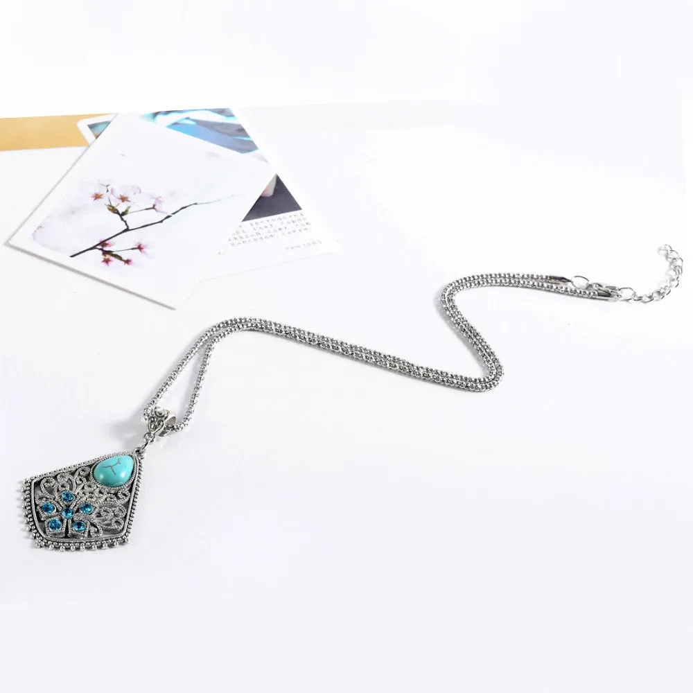 Hot necklace Christmas Antique Hollow Tibetan Silver Crystal Turquoise Pendant Chain Necklace Clothes for Women