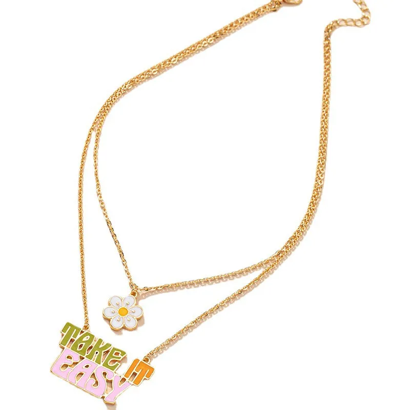 Japanese and Korean Sen Style Flower Letter Necklaces with Double-Layer Street Style, Drip Oil Finish and Personalized Details