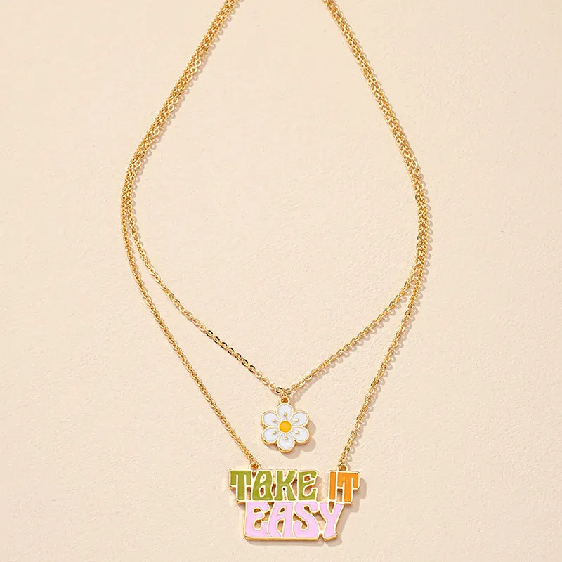 Japanese and Korean Sen Style Flower Letter Necklaces with Double-Layer Street Style, Drip Oil Finish and Personalized Details