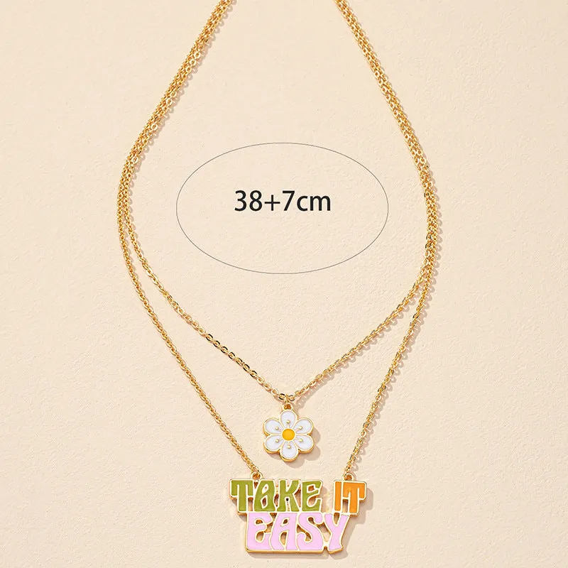 Japanese and Korean Sen Style Flower Letter Necklaces with Double-Layer Street Style, Drip Oil Finish and Personalized Details