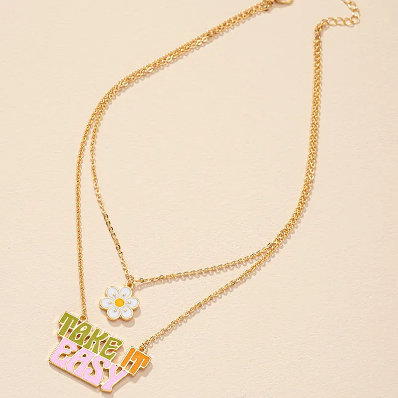 Japanese and Korean Sen Style Flower Letter Necklaces with Double-Layer Street Style, Drip Oil Finish and Personalized Details