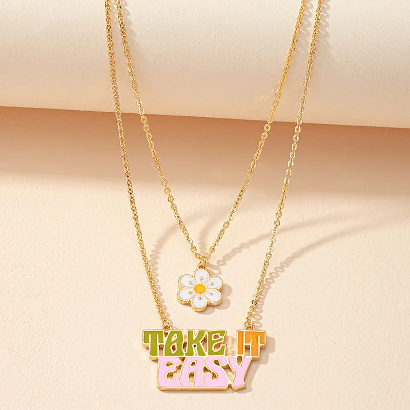 Japanese and Korean Sen Style Flower Letter Necklaces with Double-Layer Street Style, Drip Oil Finish and Personalized Details