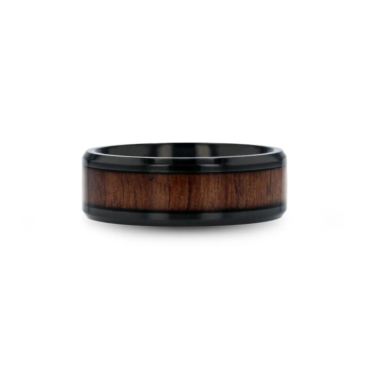 KONY | Black Titanium Ring, Black Walnut Wood Inlay, Beveled