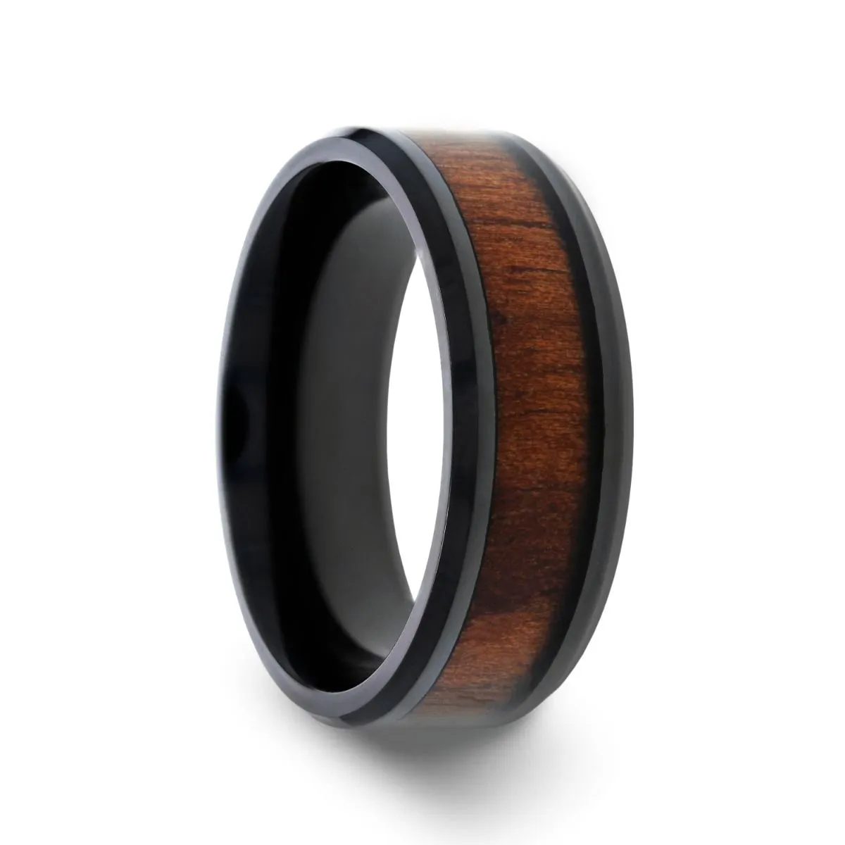 KONY | Black Titanium Ring, Black Walnut Wood Inlay, Beveled