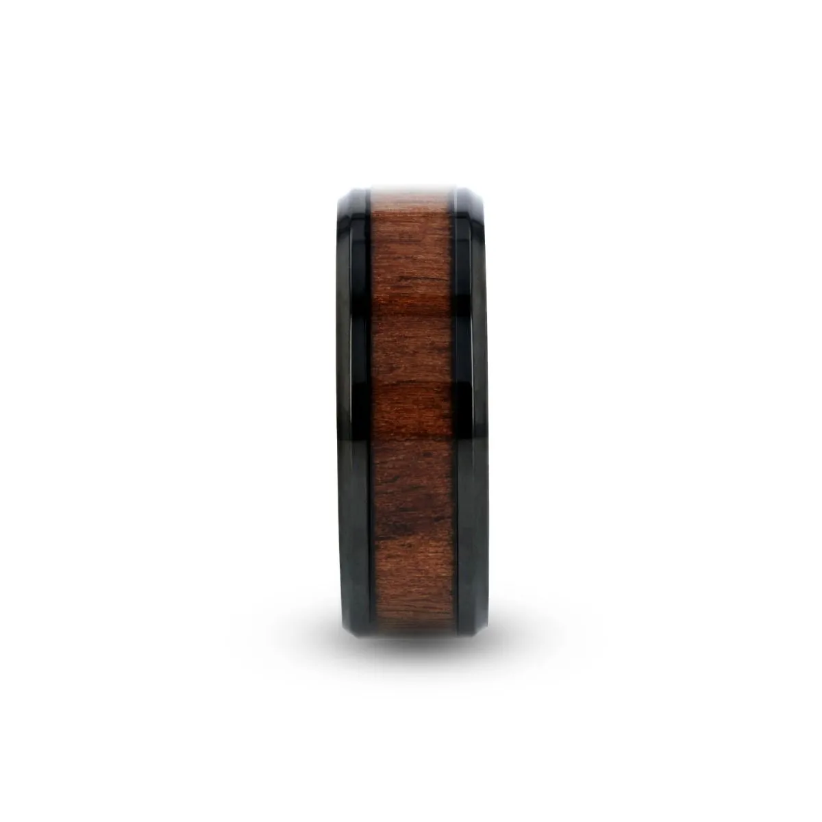 KONY | Black Titanium Ring, Black Walnut Wood Inlay, Beveled