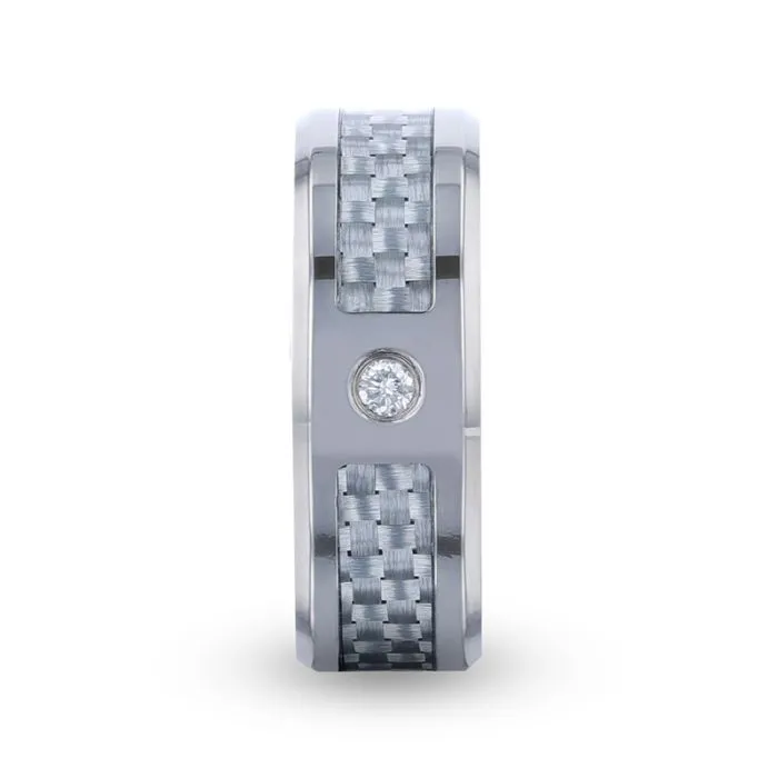 MAYBACH | Silver Titanium Ring, Diamond Stone, Light Gray Carbon Fiber Inlay, Beveled