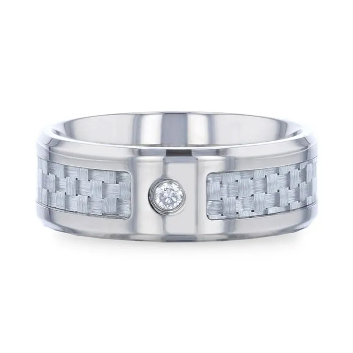 MAYBACH | Silver Titanium Ring, Diamond Stone, Light Gray Carbon Fiber Inlay, Beveled