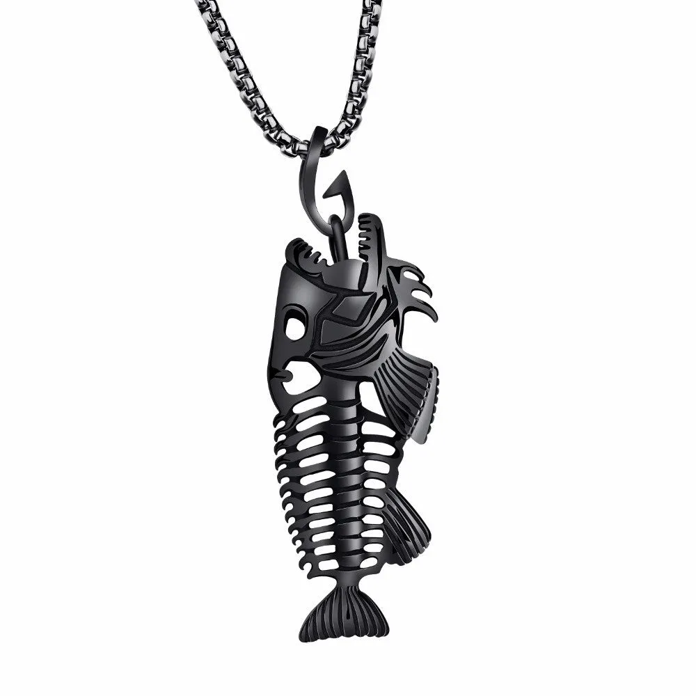 Men Jewelry Necklaces Fish Bone Design Stainless Steel Vintage Pendant Box Chain Necklace Black/Golden/White