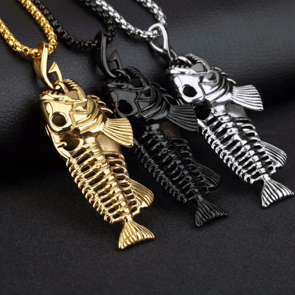 Men Jewelry Necklaces Fish Bone Design Stainless Steel Vintage Pendant Box Chain Necklace Black/Golden/White