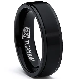 Men's Black Titanium Ring Engagement Band with Raised Brushed Finish center, Comfort fit 6mm, Sizes 7 to 13