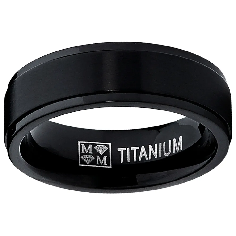 Men's Black Titanium Ring Engagement Band with Raised Brushed Finish center, Comfort fit 6mm, Sizes 7 to 13