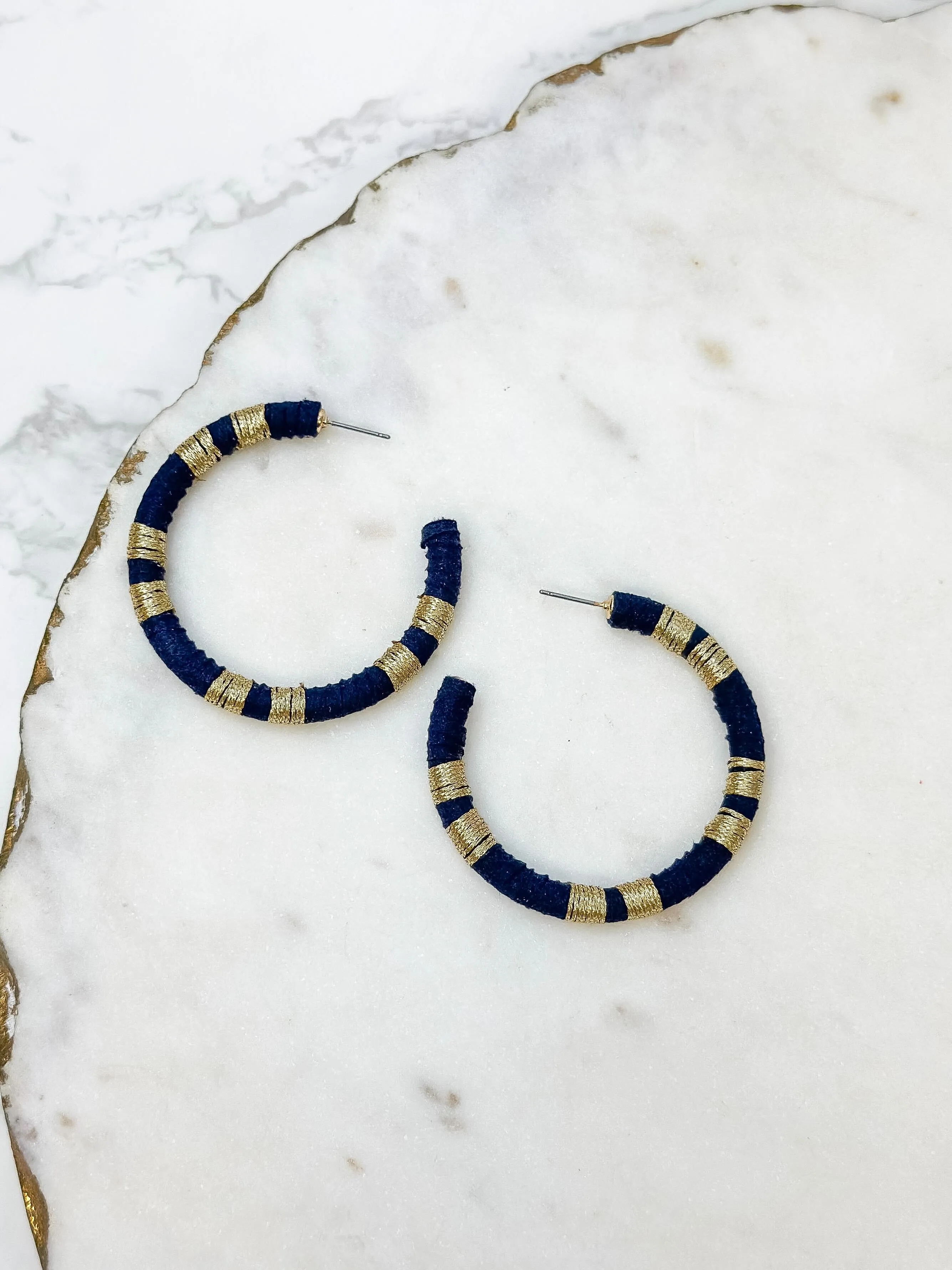 Metallic Suede Hoop Earrings - Dark Navy Blue