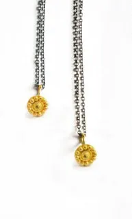 necklace / gold 22k tiny granulated rosette   oxidized silver chain