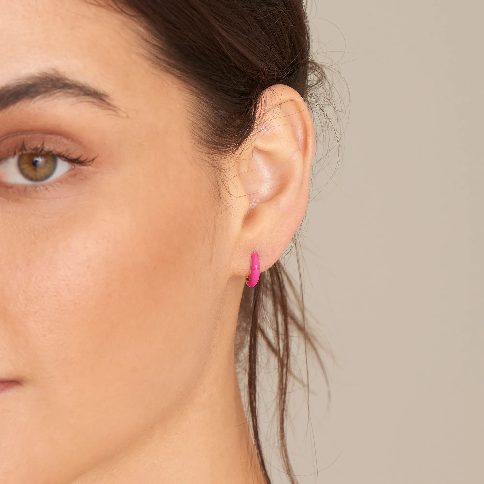 Neon Pink Enamel Gold Sleek Huggie Hoop Earrings