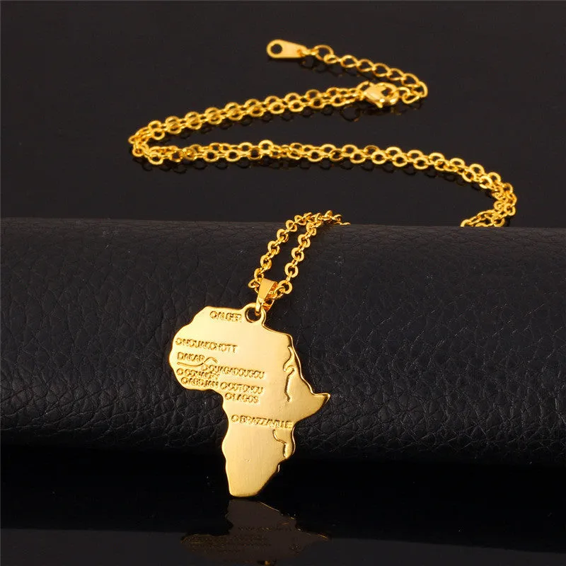 New African Necklace Yellow Gold/Platinum Plated Africa Map Pendant & Chain Men/Women Ethnic Jewelry Gift