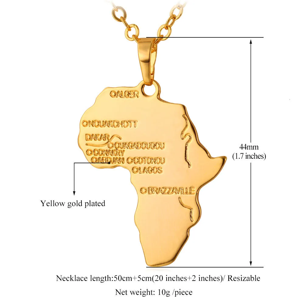 New African Necklace Yellow Gold/Platinum Plated Africa Map Pendant & Chain Men/Women Ethnic Jewelry Gift