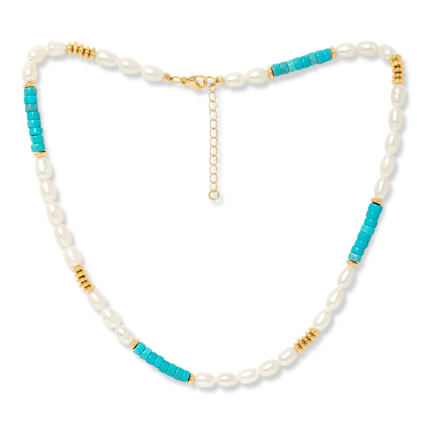 Nova oval cultured freshwater pearl necklace with turquoise and gold beads