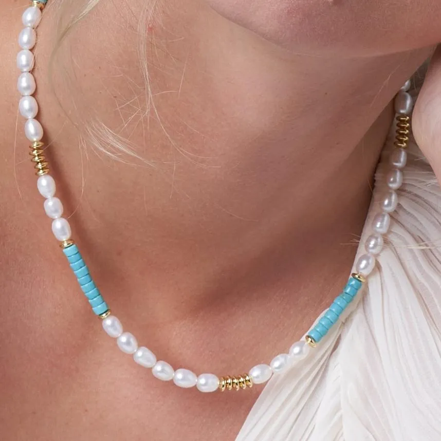 Nova oval cultured freshwater pearl necklace with turquoise and gold beads