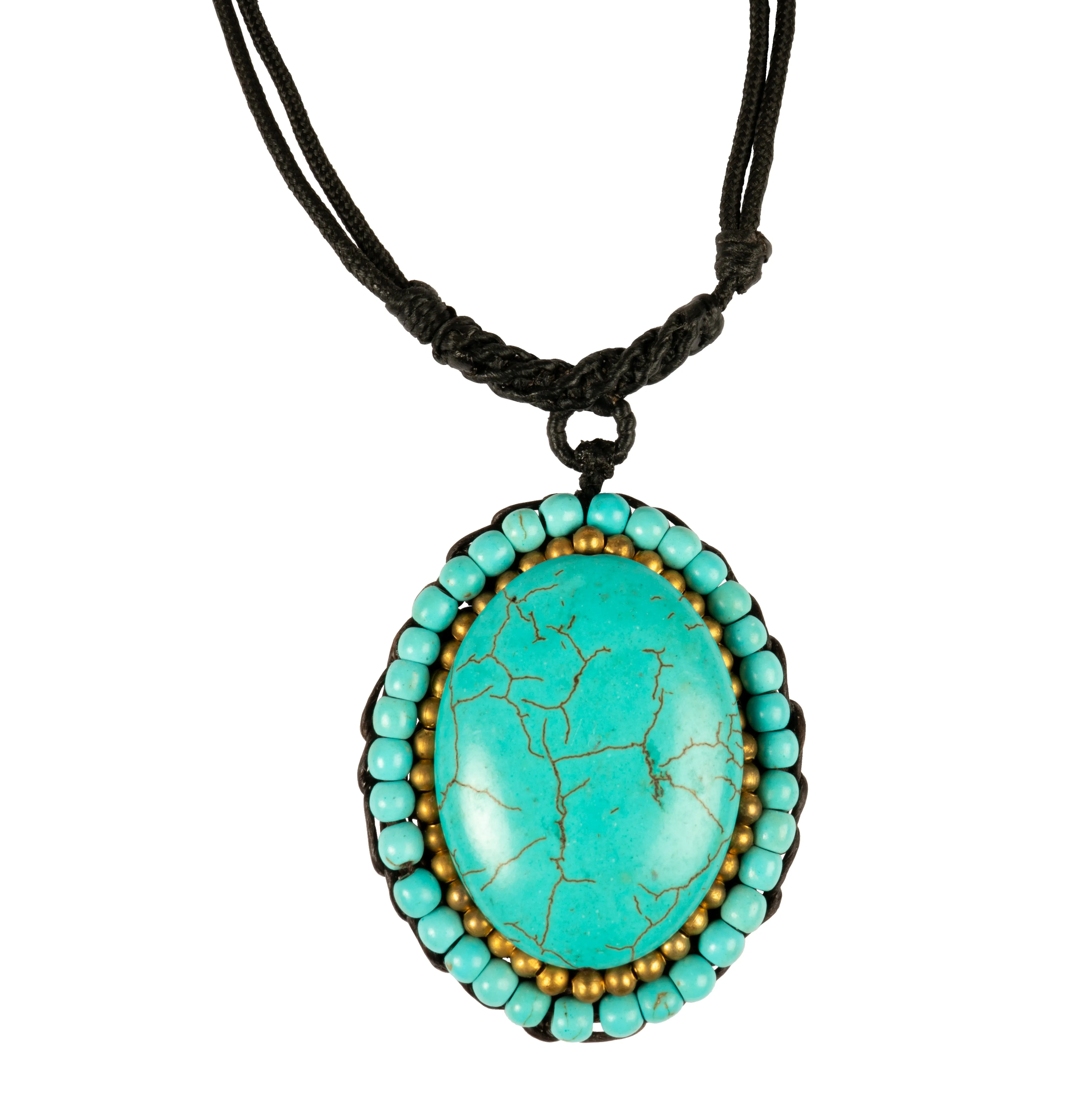 Nylon Necklace with Stone Oval Turquoise, Modern Boho Jewelry, Summer Fashion