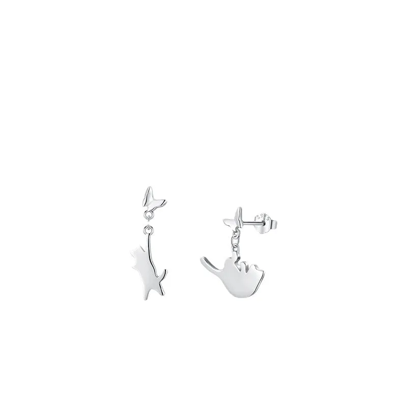 Playful Asymmetrical Silver Kitten Earrings